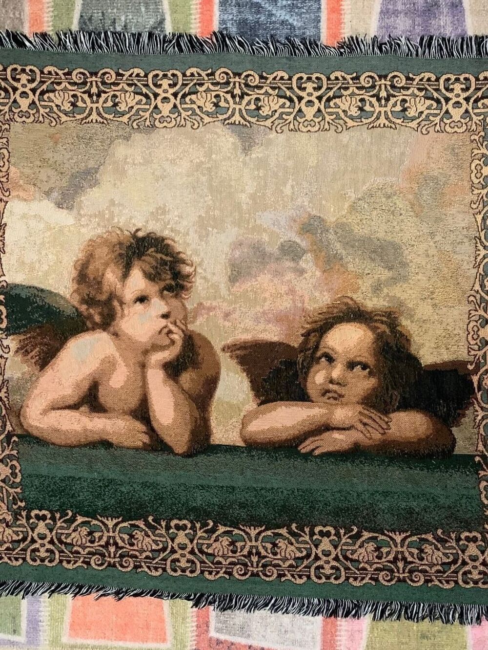 Vintage Renaissance Cherubs Woven Tapestry Throw Blanket Fringe Raphael Angels
